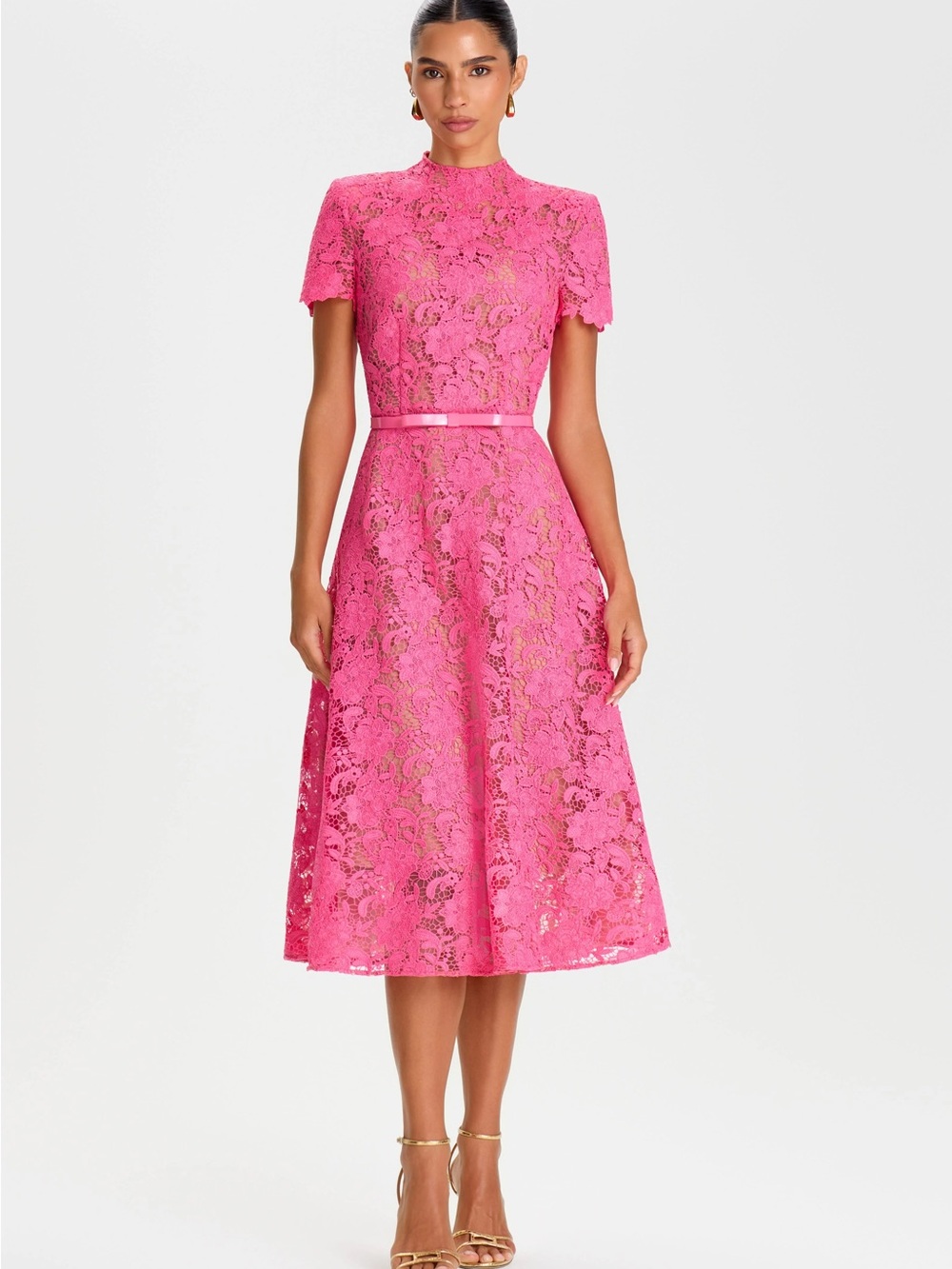 NADINE MERABI Hot Pink Lace Midi Dress